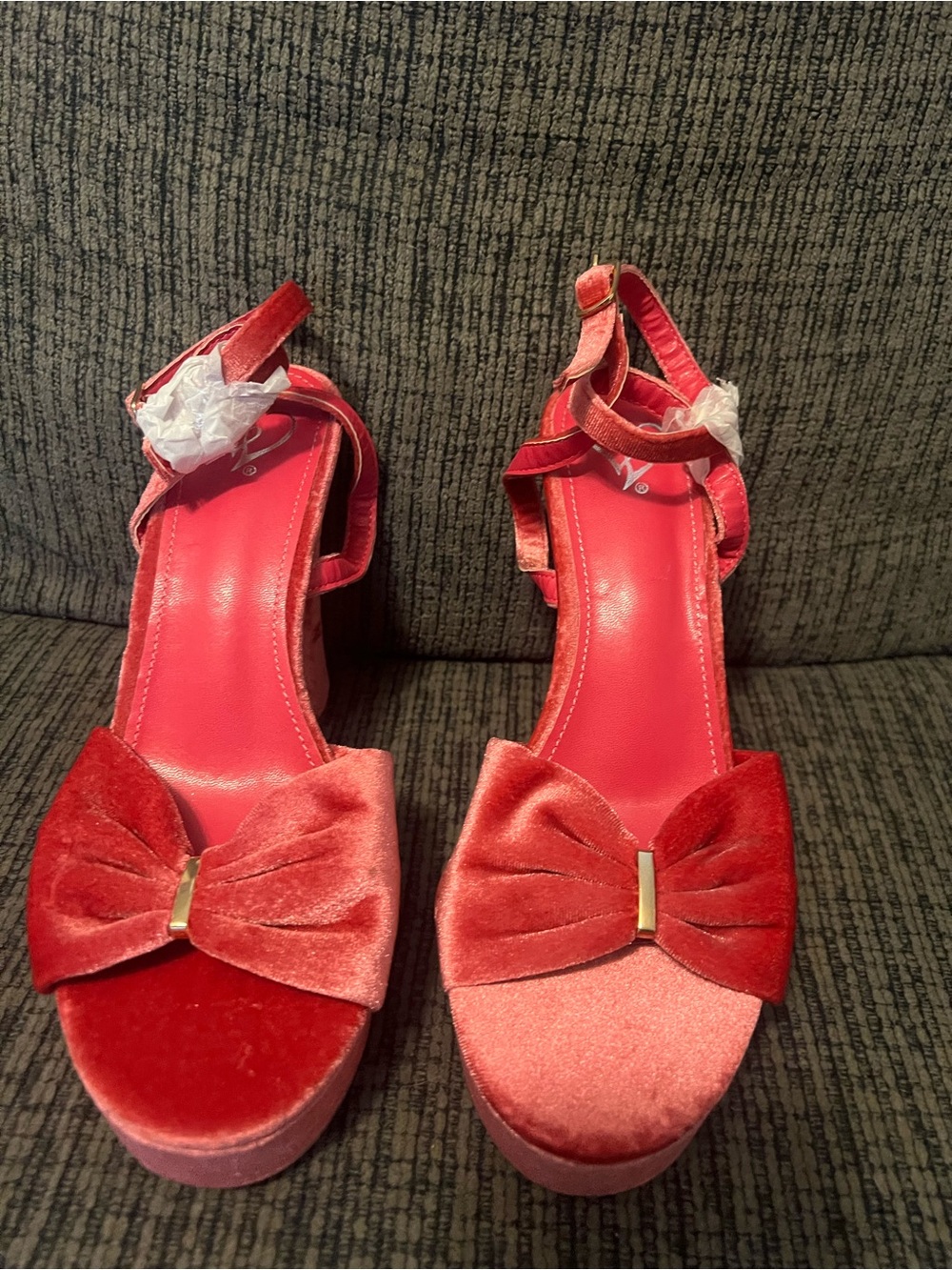 Pink Velvet Bow Platform Sandals with Ankle Strap